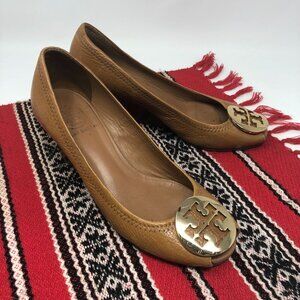 Tory Burch Wedge Womens Size 6.5 Tan Leather Open Toe Heels Gold Logo Julianne